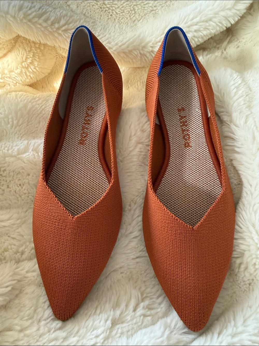 Rothy’s The Point Burnt Orange Rust Knit Flats Blue Trim Women’s Size 8
